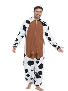 Men's Cartoon Cow Costume Jumpsuit - Black and White - View 5