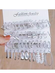 Juego de 24 piezas de pendientes de mujer de metal simple de moda, set de pendientes aro con geometría y perla artificial, adecuado para uso diario, vacaciones, regalo, empaquetados con tarjeta de papel y bolsa