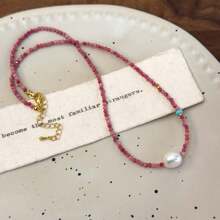 1pc Boutique French Romantic Elegant Collarbone Necklace With Red Stones And Pearl Beaded Chain, Versatile Choker For Spring & Summer