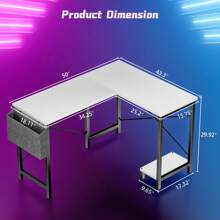 GIANNA L Shaped Gaming Desk With Wooden Desktop CPU Stand Side Bag Reversible For Home Office Small Space, - White - View 6