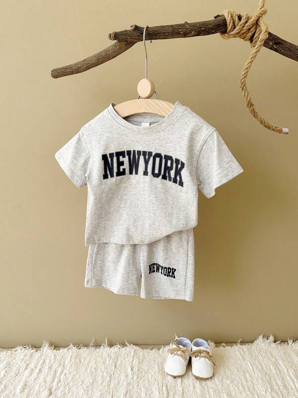 2pcs/Set Infant Boys' Casual Letter Print Short Sleeve T-Shirt + Shorts, Summer