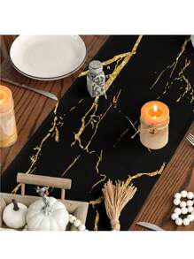 1 pieza Camino de mesa negro y dorado, diseño de textura de mármol con veta dorada, minimalista pero con estilo para decorar la mesa del comedor, añade un ambiente natural para la entrada, decoración del hogar, reunión familiar, mesa de café, sala de estar - Negro - Ver 3