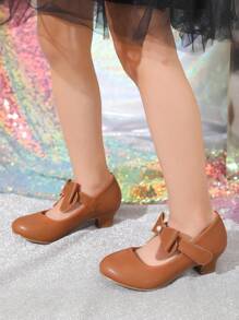 Gold Fashionable Girls High Heels With Ankle Strap, Floral & Pearl Decor, Suitable For Parties And Daily Wear - Brown - View 4