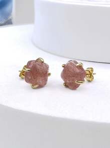 1 对优雅珠宝天然粉红草莓石英水晶石 18K 镀金爪形耳钉 适合女性日常聚会婚礼礼物 - 粉色 - 查看 2