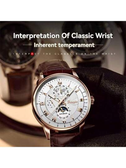 1pc PU Leather Strap Classic Three Eye Large Dial High End Business Quartz Watch, Wear view 2