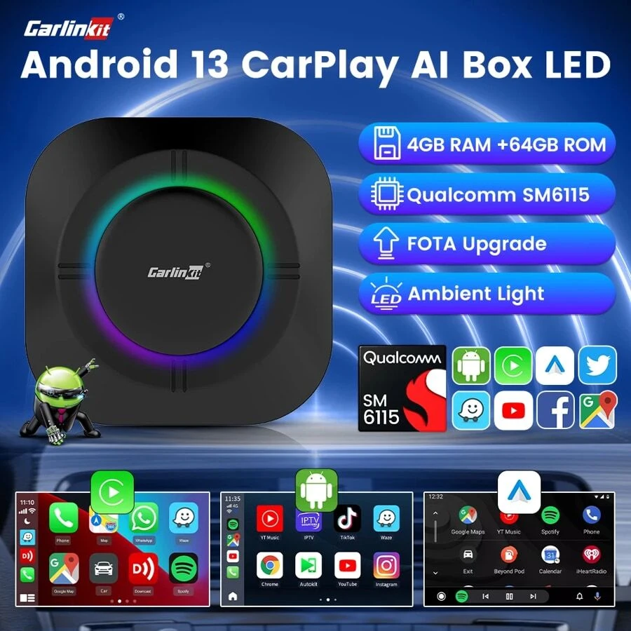 CarlinKit Android 13 LED AI Box Wireless CarPlay Wireless Android Auto Smart Car Multimedia Box Qualcomm Chip SD Expand To 512GB---===---EM Qualcomm SM6115 - 彩色 - 查看 1