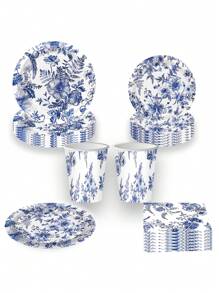 Juego de 100 piezas de vajilla desechable de porcelana azul y blanca, incluye platos, servilletas y vasos de papel para picnic primaveral, boda, fiesta, para 25 personas