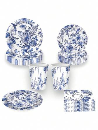 100pcs Blue And White Porcelain Party Tableware Set, Disposable Paper Plates, Napkins, Cups For Spring Picnic, Wedding, Party, Serves 25 People