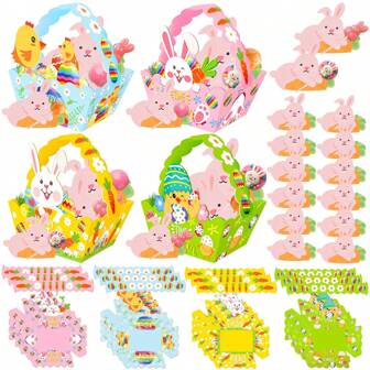 62 pezzi set di scatole regalo, biglietti di lecca-lecca a motivo di conigli, uova e pulcini per cesti di Pasqua, scatole per dolcetti con manici, decorazioni a tema Pasqua felice per regali, festa di compleanno e festa di primavera