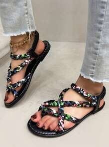 女童人字拖凉鞋，彩色编织十字交叉设计，轻便柔软底凉鞋，适合夏季穿着，百搭沙滩/休闲装 - 黑色 - 查看 1