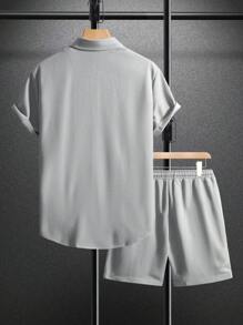 Men Solid Button Up Shirt & Shorts Set, Vacation Plain Husband Casual Clothes, Cozy Outfits - Light Grey - View 2
