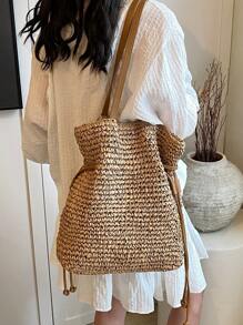 时尚休闲纯色多功能度假旅行购物大容量草编手提单肩包