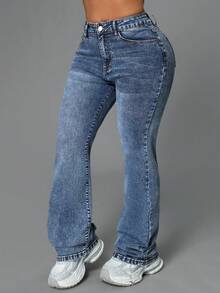 女士休闲街头修身牛仔裤 - 深色水洗藍 - 查看 1