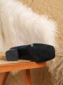 Petite Women's Mary Jane Chunky Heel Pumps, Square Toe Bow Decor High Heels, Comfortable Sapphire Blue Dress Shoes