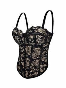 Women Floral Black Lace Trim Corset Overbust Waist Cincher Bustier Top