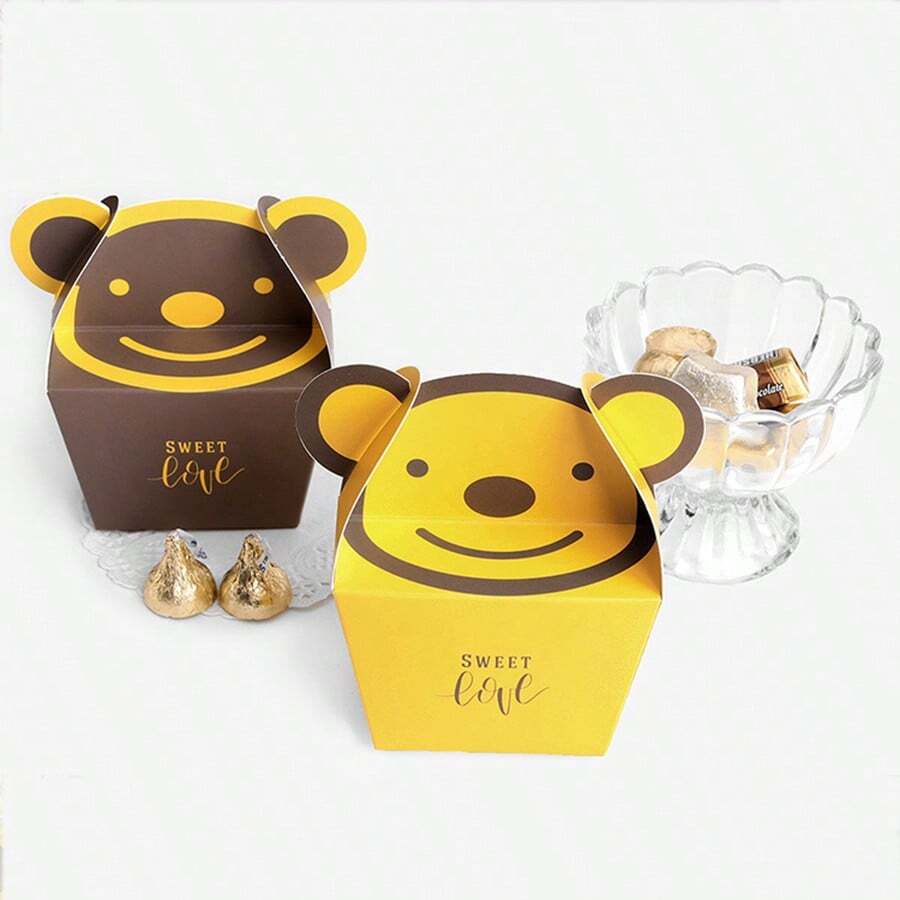 10pcs Cartoon Bear Square Folding Cookie/Biscuit Boxes, Chocolate Gift Box