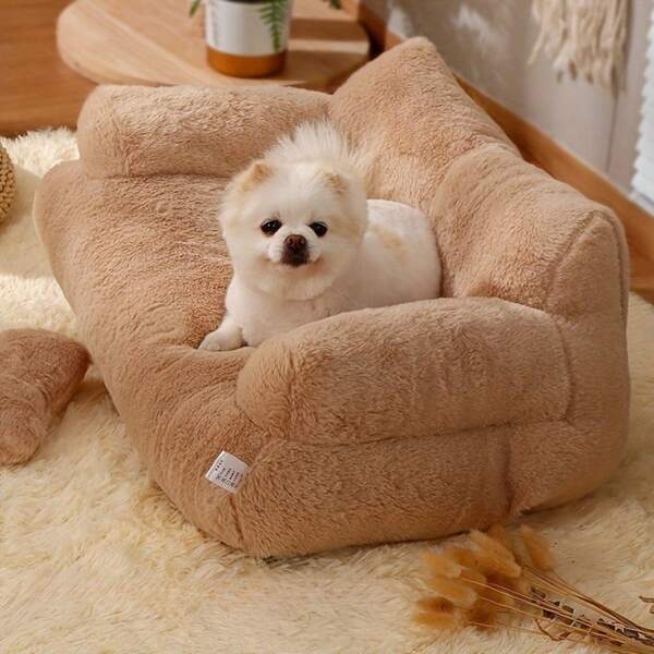 Cama confortável de pelúcia para animais de estimação, cama para animais de estimação para cães e gatos - removível e lavável, base antiderrapante, incluindo travesseiro - café (vários tamanhos disponíveis)