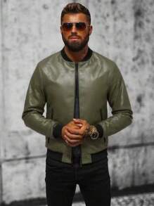 Men's Zip-Up Faux Leather Baseball Jacket - Olive Green - View 2