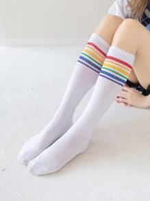 1/2/4 Pairs Women's White Rainbow Pattern Calf Socks - Multicolor - View 2