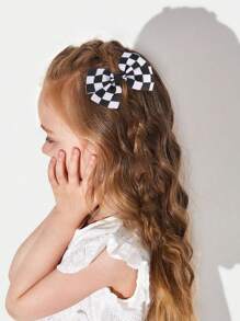 2 件装女童格纹发饰黑白罗缎蝴蝶结鳄鱼夹可爱格子发夹女童小辫蝴蝶结发夹儿童发饰 - 黑與白 - 查看 2