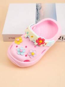 1 Par de Sandálias Slip-On Infantis Florais Vazadas de Resina, Sandálias de Estilo de Princesa Universitária, Planas, à Prova d'Água, Antiderrapantes, de Material EVA, Verão