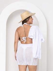 Women's Fashion Knitted Beach Cover-Up Set - White - View 4