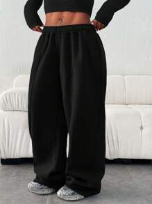 Plus Size Women's Casual Loose Solid Color Elastic Waistband Pocket Sweatpants - 黑色 - 查看 2