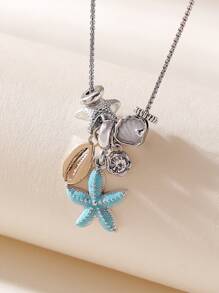 1 peça elegante e versátil colar de aço inoxidável com pingente de pérola, cristal e concha feito à mão para mulheres, adequado para praia, festa, viagem, ocasiões casuais