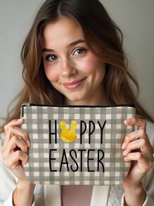 1 件复活节兔子和格子字母亚麻印花化妆包，可爱旅行化妆包和多功能零钱包，女性必备轻便礼物