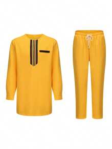 非洲男士休闲两件套，黄色时尚