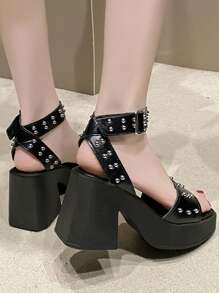 [Black Faux Ankle Boots High Heels] Elegant Women Black Strap Sandals - Open Toe Chunky Heel, Silver Rivet Buckle Closure - Comfortable Summer Elevator Shoes, Rubber Sole, High Heels