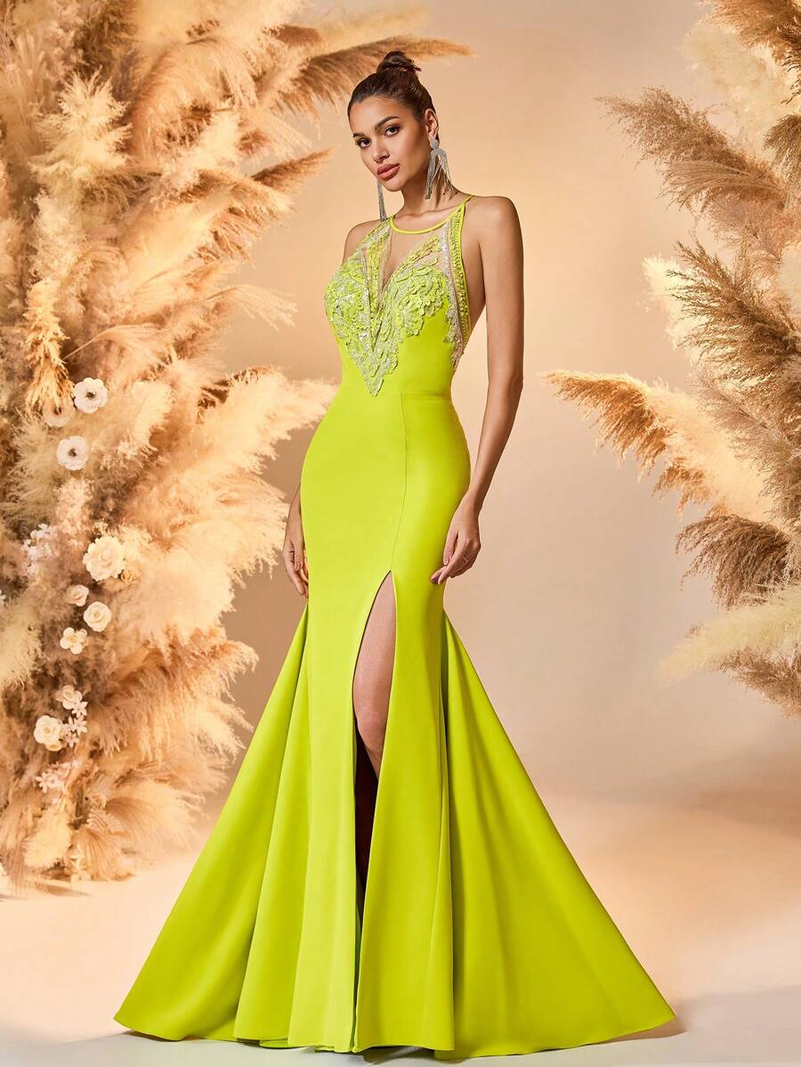 Vestido de graduación escote de barco estilo sirena amarillo, con tirantes, cuello en V profundo y espalda descubierta, vestido de fiesta, vestido formal, vestido de invitada de boda - Mostaza Amarilla - Ver 1