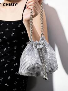 CHISIY Handcrafted High-End Sparkling Crystal Decorated Elegant Gold, Silver, Burgundy PVC & Fabric Fashion Bucket Tote Bag, Large Capacity Ladies Work, Shopping, Travel, Party, Wedding Handbag, Valentines & New Year Gift - Silver - View 2