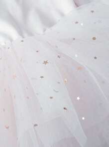 女童白色亮片长袖薄纱裙芭蕾舞裙，纯色舞蹈紧身衣