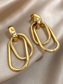 1Pair Double Circle Square Earrings Golden Dangle Earrings For Women Stainless Steel Earrings For Daily Party Birthday Christmas Jewelry Gifts