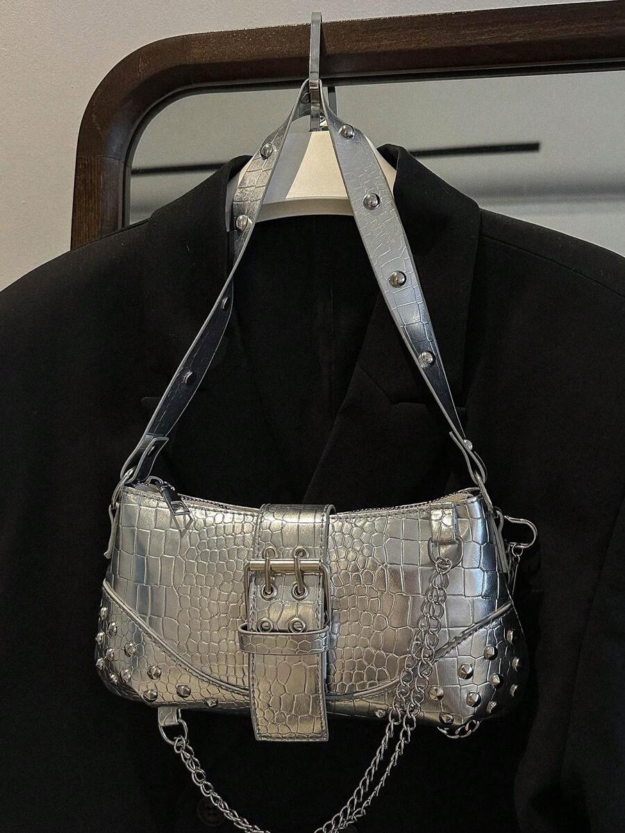 Willow Stud Minimalist Vintage Clamp Style Shoulder Bag - Silver - View 1