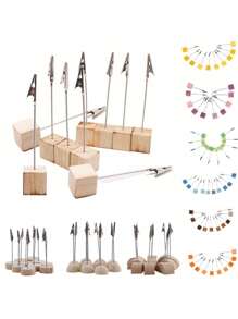 10pcs Message Holder, Seat Card Holder, Wood Color, Creative Crocodile Iron Clip, Pine Square Business Card Holder, Event And Party Supplies,10pcs Wooden Place Card Holders With Alligator Clips - Perfect For Weddings, Parties, And Events - Display Table Numbers And Photos With Ease - Multicolor - View 3