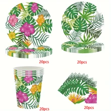 10pcs Hawaiian Tropical Luau Party Supplies Green Leaf With Flowers Design Paper Plates Cups Napkins For Summer Themed Parties Decoration