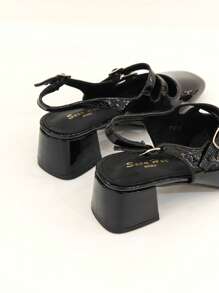 REVREAL Patent Double-Buckle Slingback Mary Jane Heels Stylish High Heels - Black - View 3