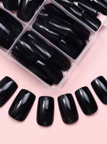 120片黑色方形光滑美甲贴纸套装 - 短款，全覆盖，纯色假指甲，适合DIY美甲，完美适用于女性和女孩，美甲配件，包含5片果冻胶和5把指甲锉等美甲用品。 - 黑色 - 查看 2