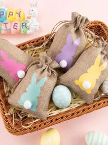 6/12个装复活节麻布抽绳礼品袋，复活节兔子麻布礼品袋带毛绒尾巴，复活节糖果袋，复活节派对用品 - 彩色 - 查看 2