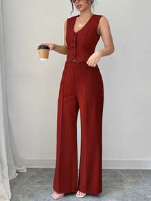 Women's 2Pcs Red Date Night Front Buckle V-Shaped Hem Solid Button Front Vest Jacket & Seam Front Pants Two Pieces Set, Suitable For Spring/Summer Office Lady - Red - View 2