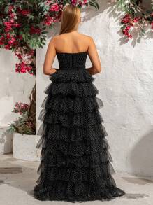 Strapless Polka Dot Mesh Princess Cake Dress Evening Gown, Party Dress, Wedding Guest Dress, Prom Dress