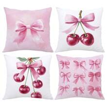 4pcs 17.7*17.7in(45*45cm) Pink Cherry Blossom Bow Print Pillow Cover [Single-Sided Printing] Home Decor Headboard Cushion Sofa Pillow Sham Peach Velvet Windowsill Cushion Cover [Pillow Insert Not Included], Suitable For Daily Use, Home High-End Minimalist Self-Use Decoration, Living Room Sofa Bedroom Bedhead Decoration, Small Car Pillow Cover Pillowcase