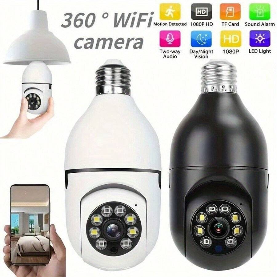 Cámara de seguridad con bombilla inalámbrica 1080P inalámbrica panorámica de 360 grados cámara de monitoreo de bombilla para el hogar de alta definición inteligente 1080P cámara de monitoreo de mascotas WiFi de alta definición, función de detección de movimiento de visión nocturna de audio bidireccional control de aplicación