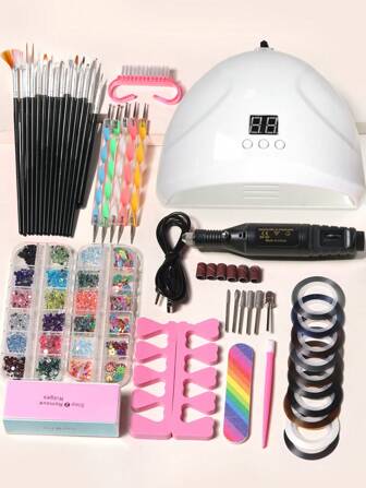 LULAA ערכת מניקור לציפורניים 46 יחידות: מנורת UV, פצירה חשמלית, קישוטי ציפורניים, מברשת ציפורניים, פצירת ציפורניים, מברשות ציפורניים, עט נקודות, מפרידי אצבעות, דוחף ציפורניים, קווים מתכתיים, מפריד אצבעות. טיפוח ציפורניים ביתי באיכות סלון, המתנה המושלמת עבורה.