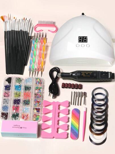 LULAA 46 قطعة طقم العناية بالأظافر: مصباح أشعة فوق بنفسجية، ملف أظافر كهربائي، زخارف أظافر، فرشاة أظافر، منظف أظافر، فرش أظافر، قلم نقطي، فاصل أصابع، دافع بشرة الأظافر، خطوط معدنية، فاصل أصابع. العناية بالأظافر بجودة صالون في المنزل، أفضل هدية للمرأة