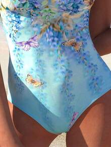 2025 New Arrival Blue Butterfly Print Modest One-Piece Swimsuit, In Stock Best Seller - Sky Blue Butterfly - View 4