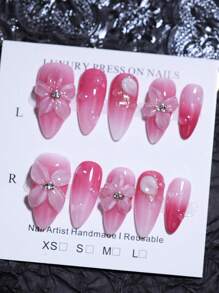 10 piezas de uñas postizas en forma de almendra con diseño de arte de uñas francés estilizado con flores 3D talladas a mano y color rosa degradado, para primavera y verano, nuevos artículos reutilizables de suministros para uñas - Rosa Fucsia - Ver 12