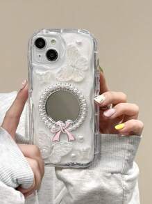 Funda de espejo de maquillaje decorativo con mariposa blanca de gota de pegamento, compatible con iPhone 16 Pro Max/15/14/13/12/11, resistente al agua, a los golpes y a los arañazos